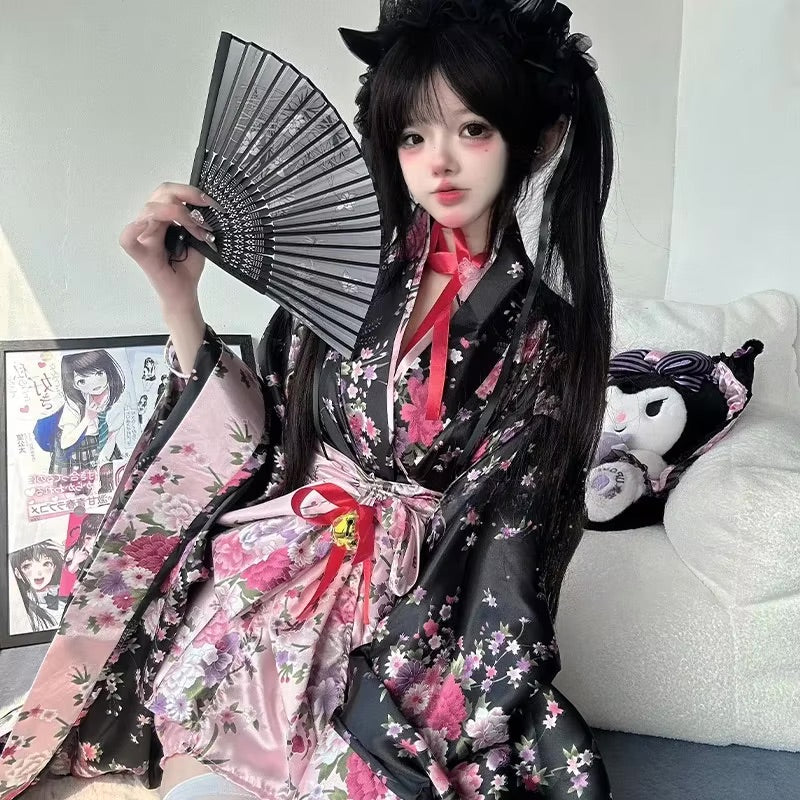 Traditional Japanese Pink & Black Kimono Dress - Image 13