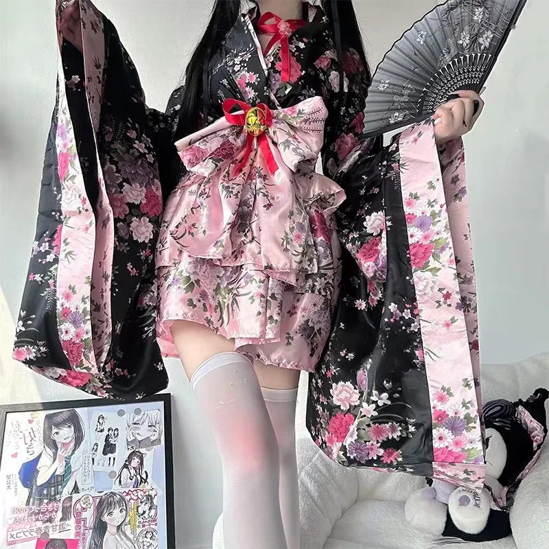 Traditional Japanese Pink & Black Kimono Dress - Image 14
