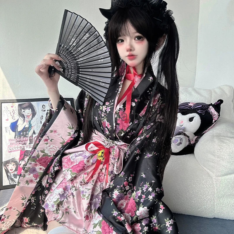 Traditional Japanese Pink & Black Kimono Dress - Image 5