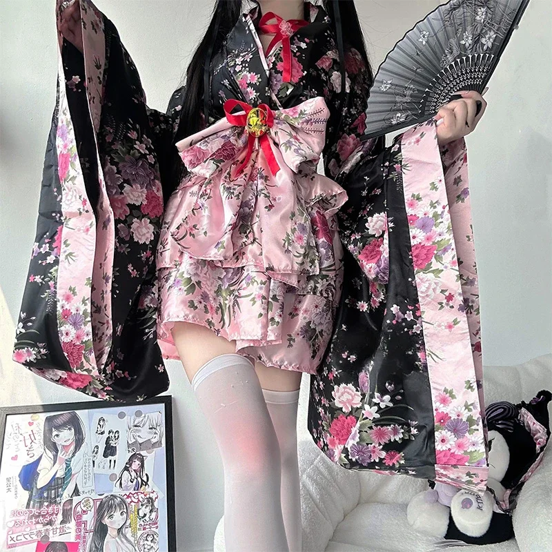 Traditional Japanese Pink & Black Kimono Dress - Image 7