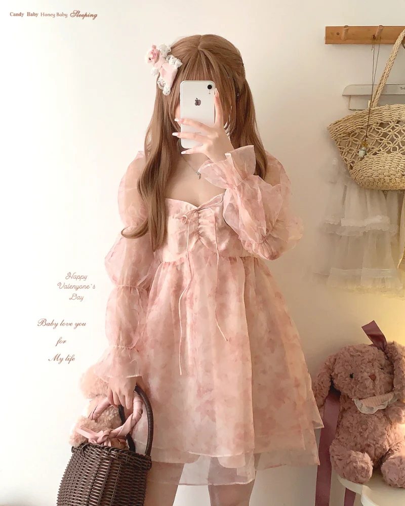 Tulle Romantic Smudged Lace-up Bow Coquette Dress - Image 3