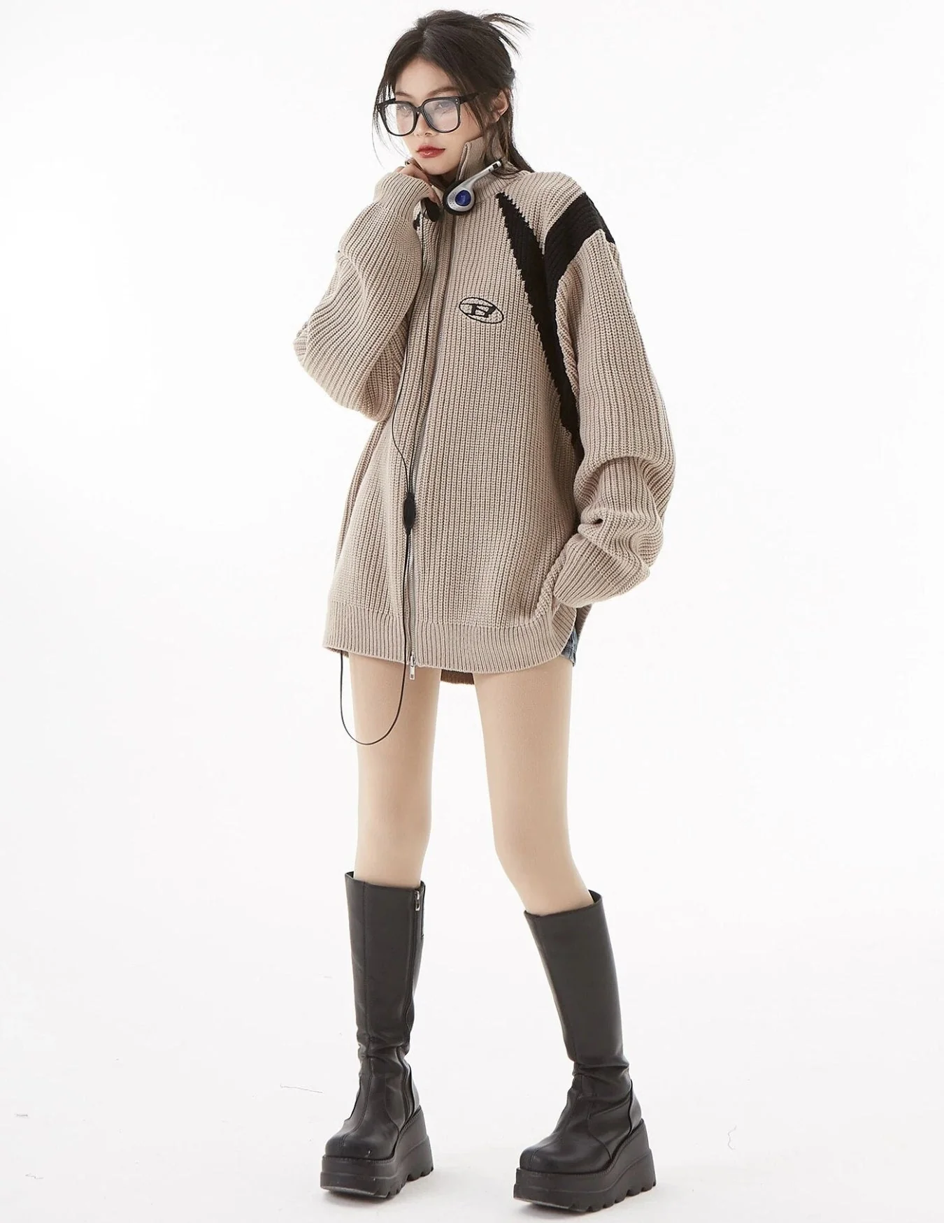 Turtleneck Zip-Up Loose Cardigan - Image 6