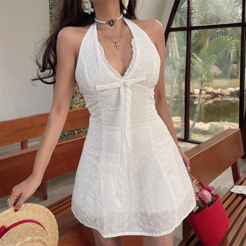 V-neck Bow Embroidered Cotton Dress - Image 3