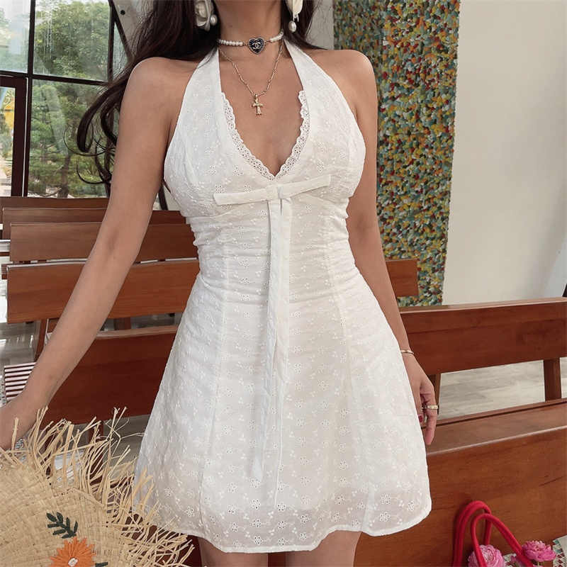 V-neck Bow Embroidered Cotton Dress - Image 5