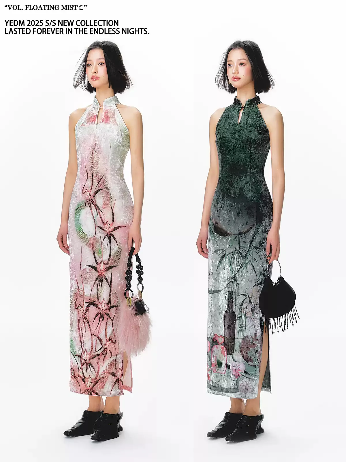 Velvet Long Cheongsam Printed Dress - Image 4