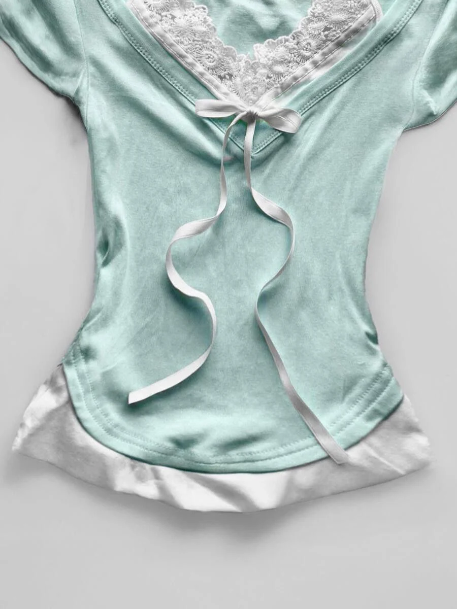 Vintage Fake Two-Piece Lace Cropped T-Shirt - Image 6