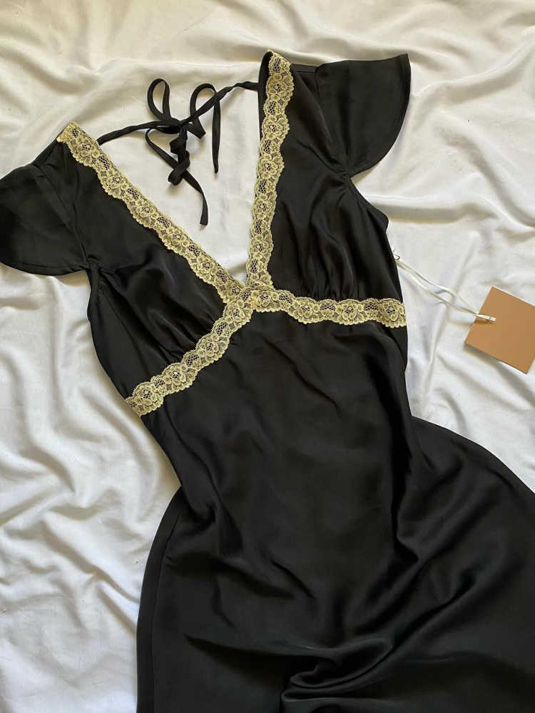 Vintage Lace Satin V-neck Dress - Image 5