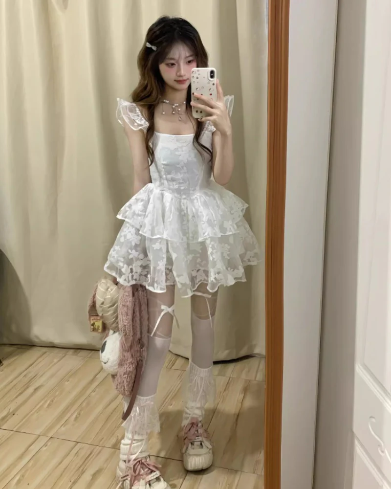Vintage Pure Square Neck Jacquard White Corset Dress - Image 4