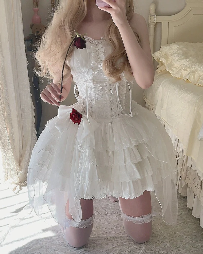 Vintage Rose Fluffy Ballet White Corset Dress - Image 3
