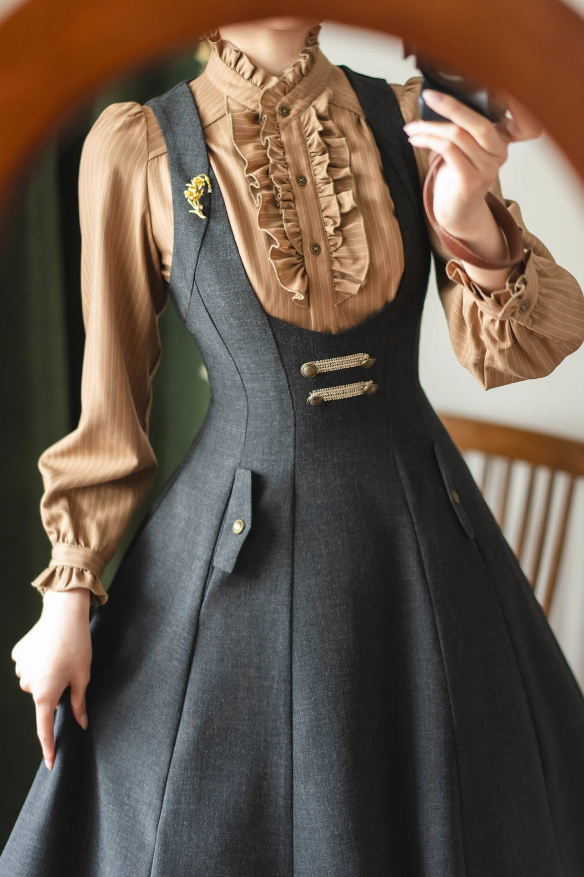Vintage Striped Waist Tightening Blouse - Image 8