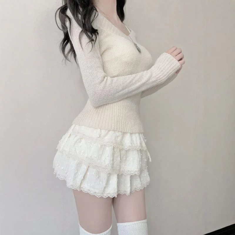 Vintage V-neck lace off-shoulder sweater - Image 2