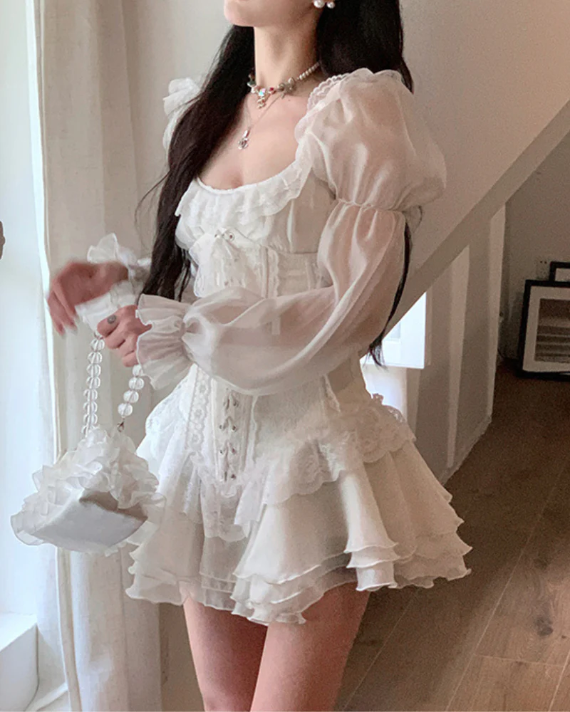 Puff Sleeve White Corset Dress - Image 4