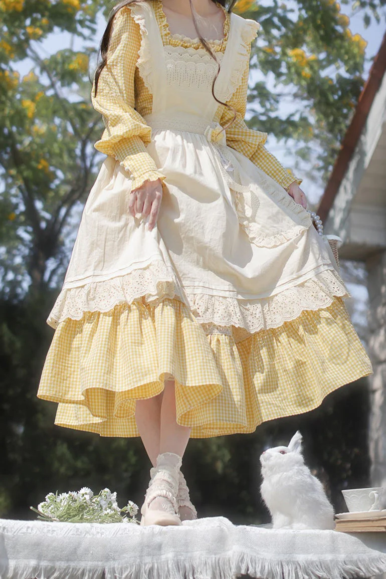 【Pre-order item】Retro Girly Yellow Dress + Apron + Ribbon - Image 25