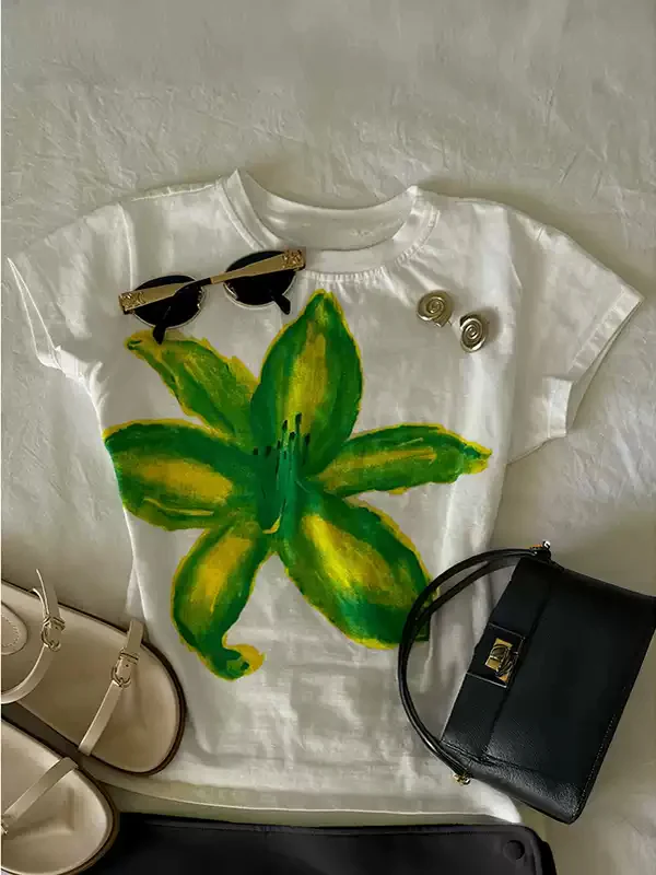 watercolor flower print round neck T-shirt - Image 2