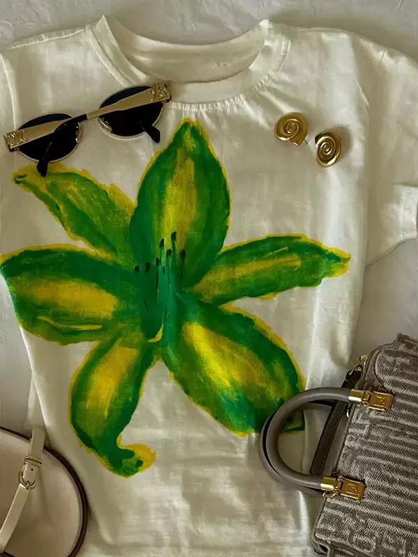 watercolor flower print round neck T-shirt - Image 3