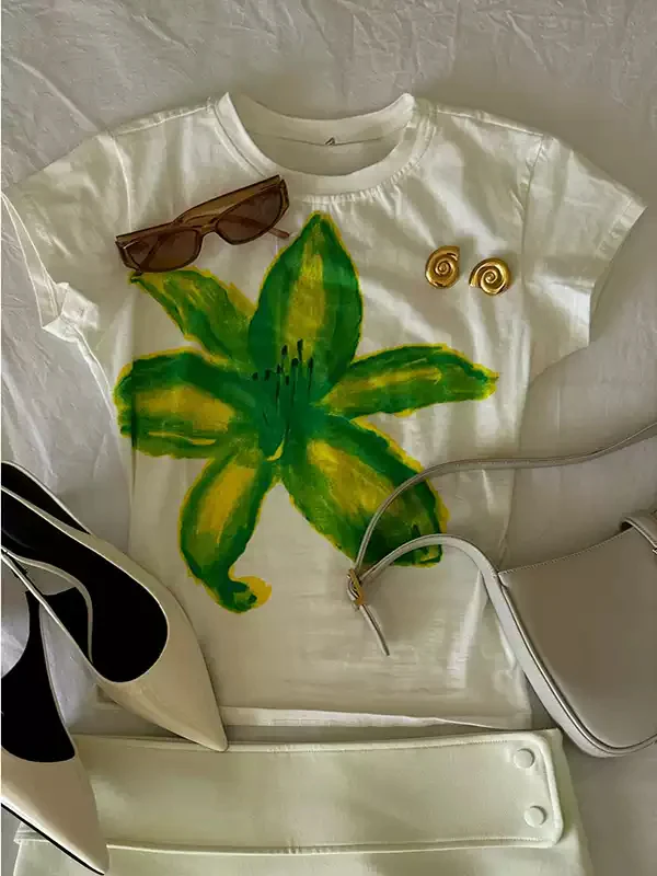 watercolor flower print round neck T-shirt - Image 5
