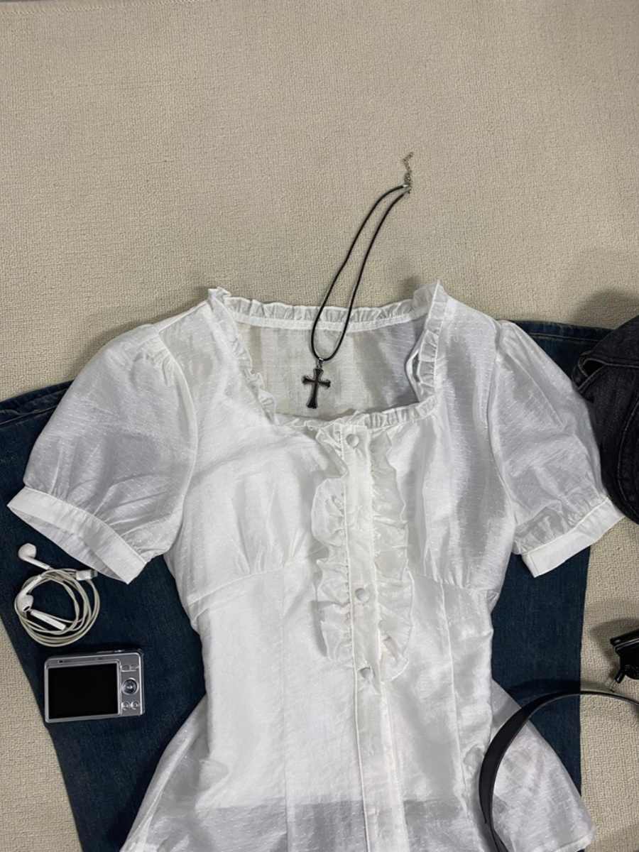 White Fungus-edged Square-neck Shirt - Image 3