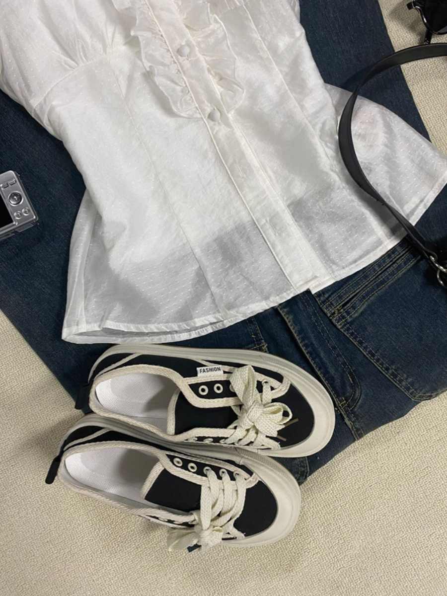 White Fungus-edged Square-neck Shirt - Image 5
