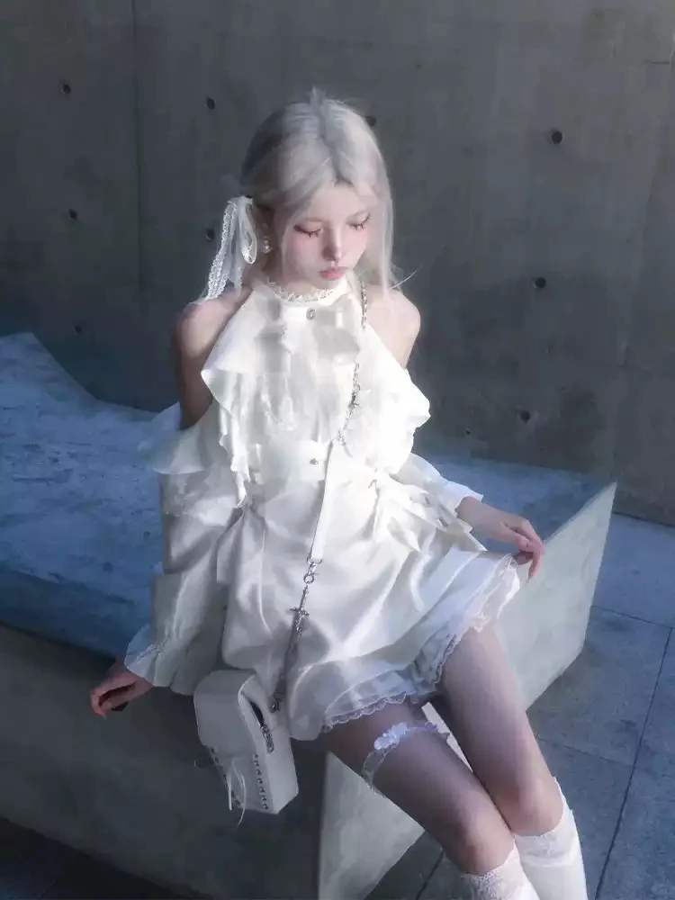 White Halter-neck Ruffled Angelic Dress - Image 4