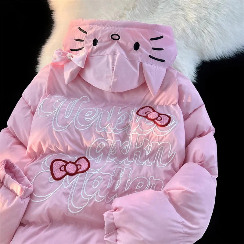 White Kitten Bomber Puffer Jacket - Image 4