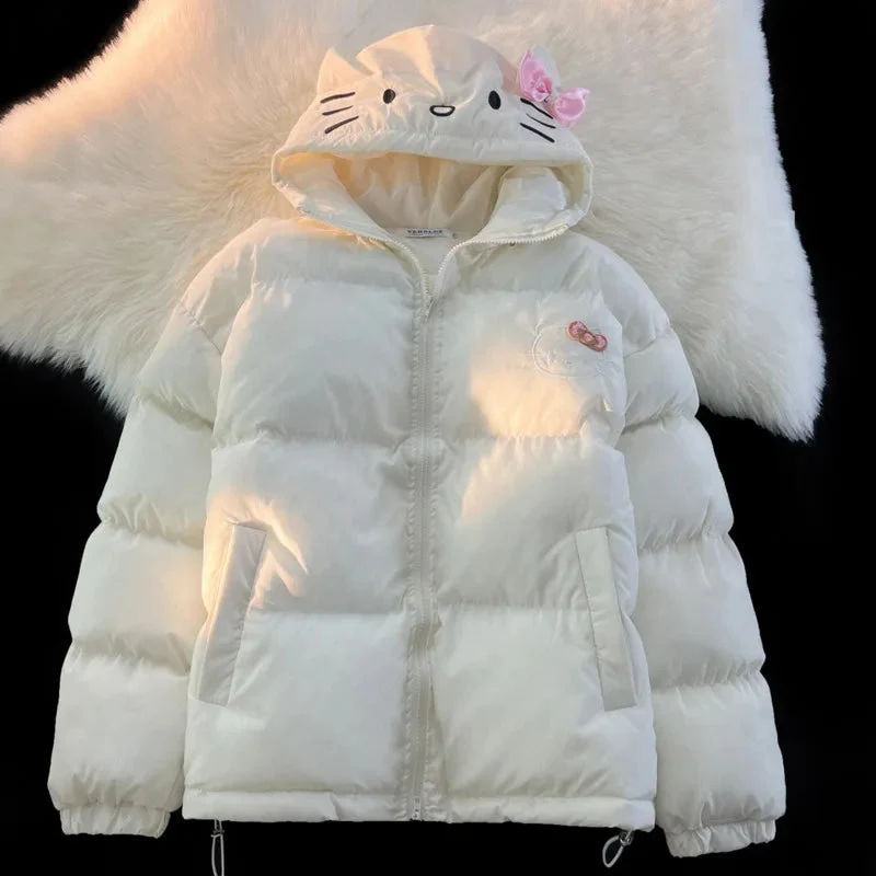 White Kitten Bomber Puffer Jacket - Image 5