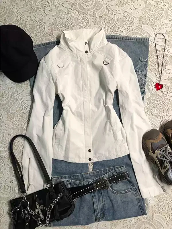 White stand-up collar long-sleeved shirt - Image 2