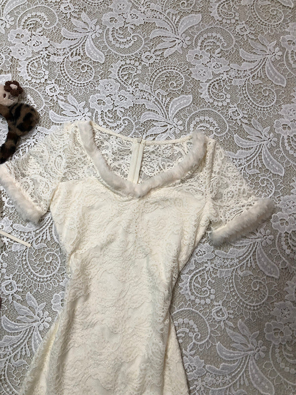 white V-neck small fragrant dress - Image 3