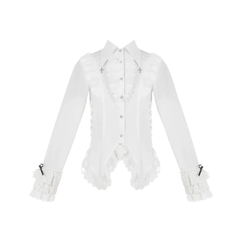 Gothic Lolita Blouse Black White Waist-Tie Shirt - Image 15