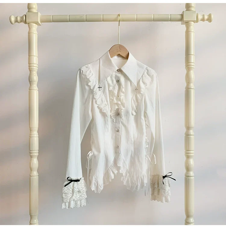 Gothic Lolita Blouse Black White Waist-Tie Shirt - Image 17
