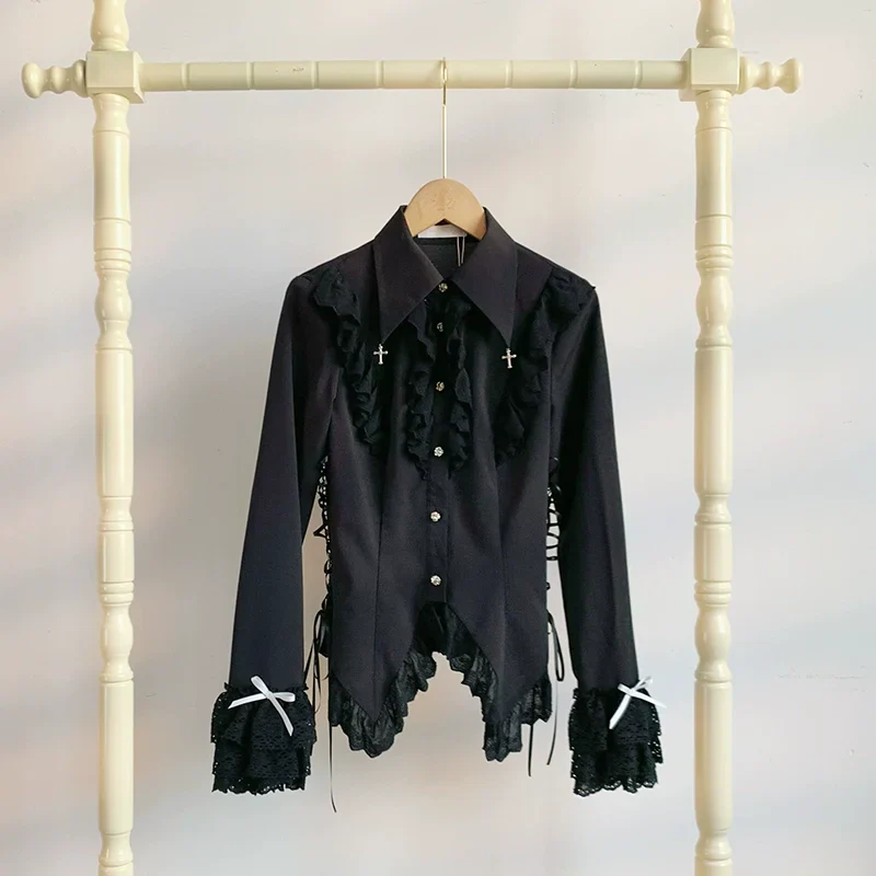 Gothic Lolita Blouse Black White Waist-Tie Shirt - Image 5