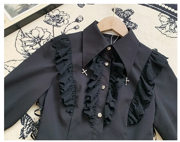 Gothic Lolita Blouse Black White Waist-Tie Shirt - Image 6