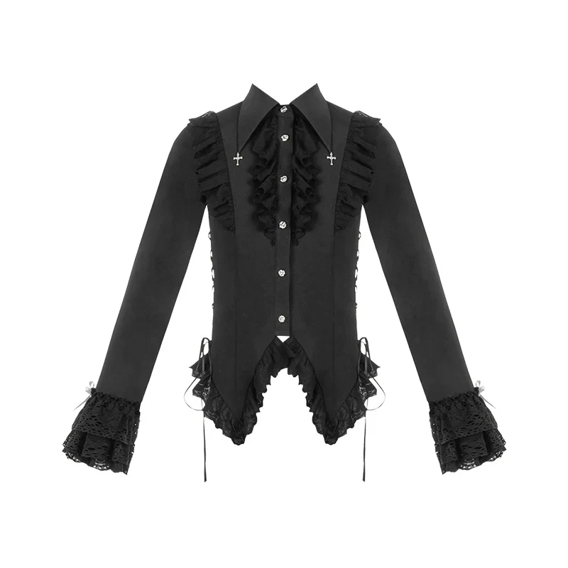 Gothic Lolita Blouse Black White Waist-Tie Shirt - Image 8