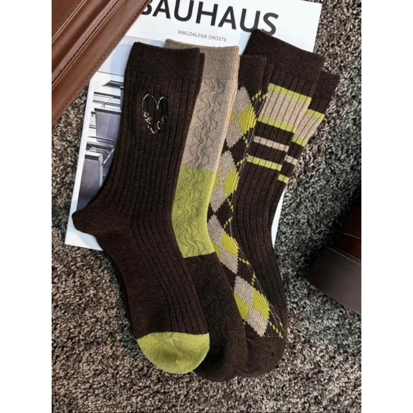 Wool Preppy Grids Mid-calf Socks(4 Pieces) - Image 2