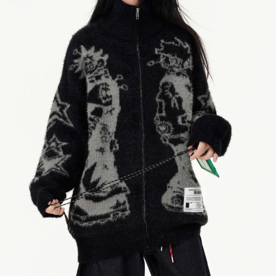 Y2K Abstract Jacquard Knitted Cardigan - Image 4