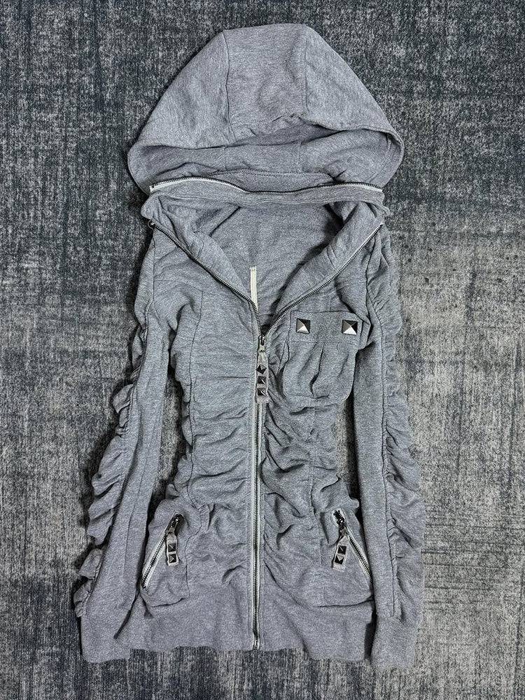 y2k American retro gray hooded jacket - Image 2