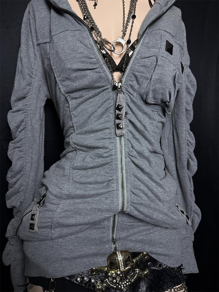 y2k American retro gray hooded jacket - Image 3