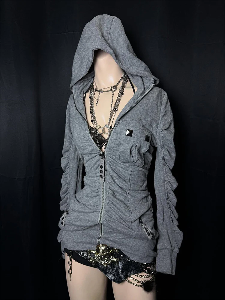 y2k American retro gray hooded jacket - Image 4