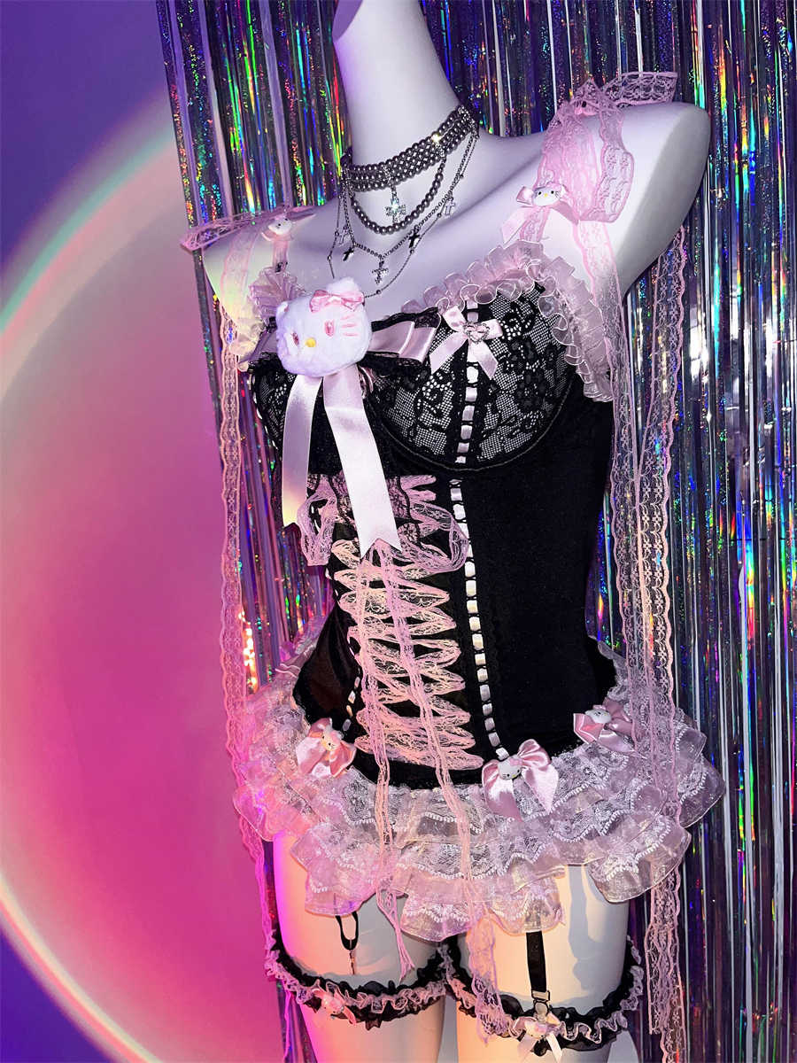 Y2K Black Pink Lace Bow Corset - Image 2