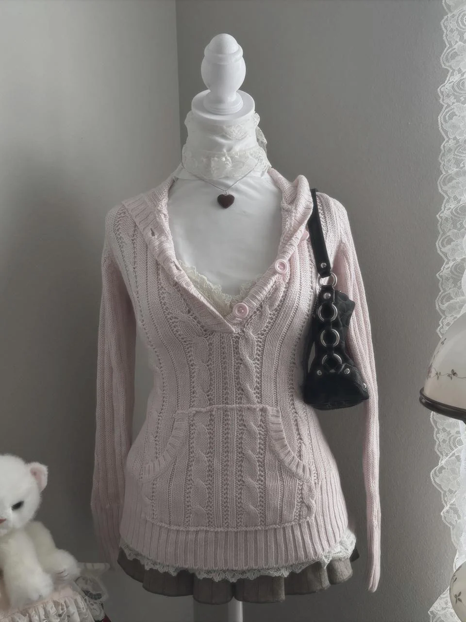 y2k coquette V-neck hooded twist sweater