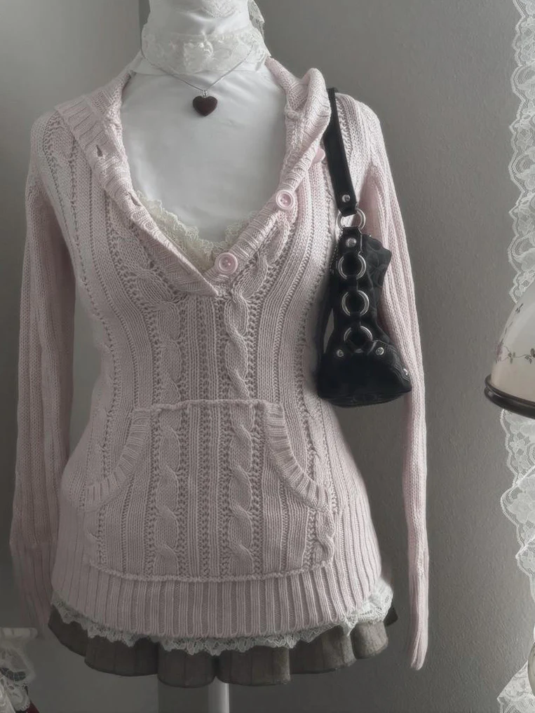 y2k coquette V-neck hooded twist sweater - Image 2