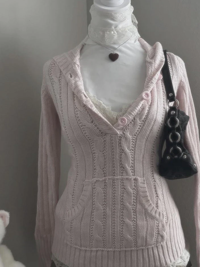 y2k coquette V-neck hooded twist sweater - Image 3
