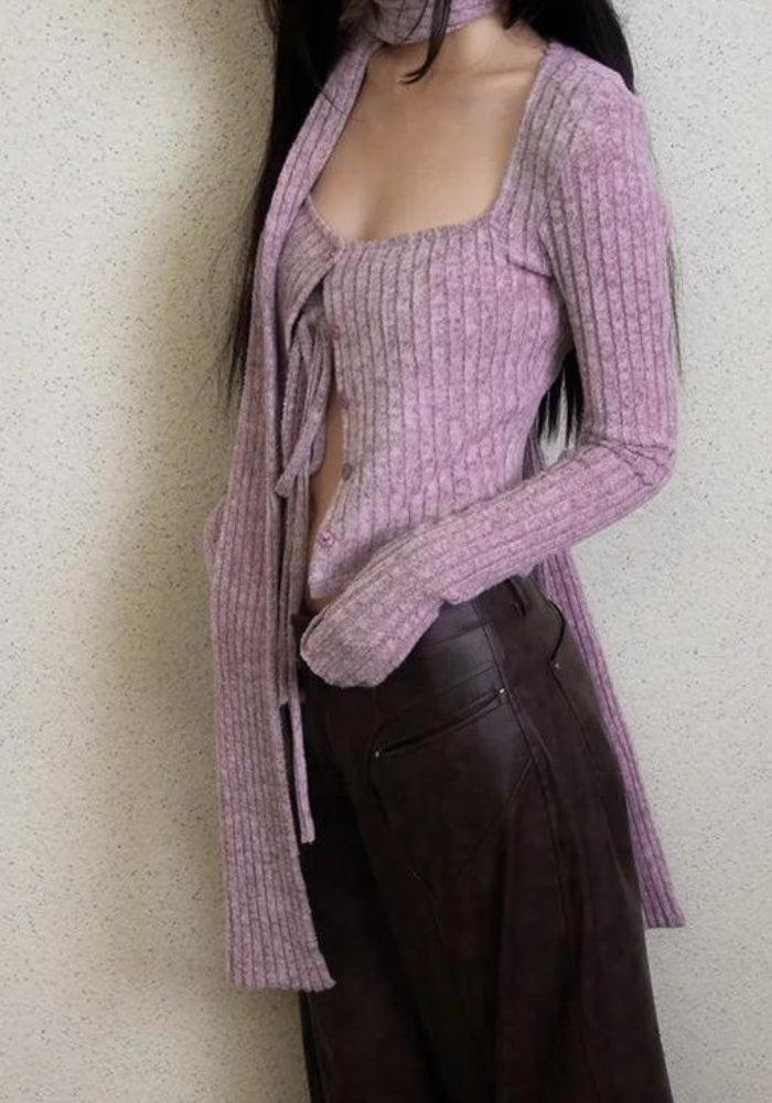 Y2K Corduroy Cropped Scarf Cardigan - Image 3