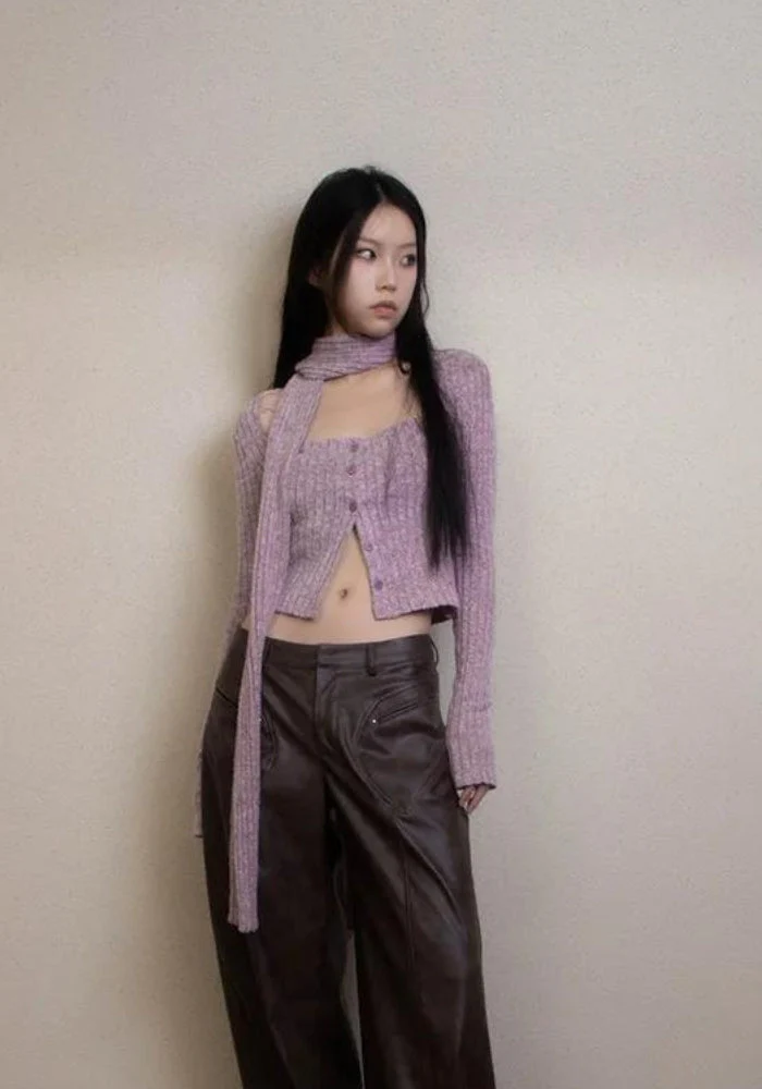 Y2K Corduroy Cropped Scarf Cardigan - Image 4