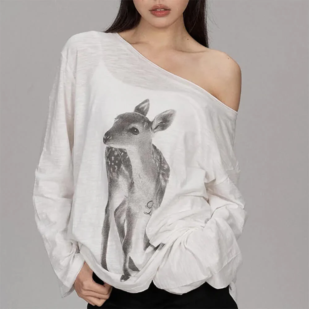 Y2K Deer Print One-Shoulder Top - Image 5