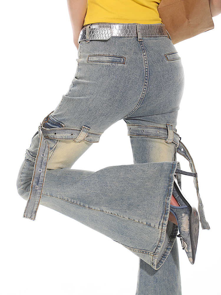 Y2K Distressed Belt Buckle Flared Jeans - Image 2