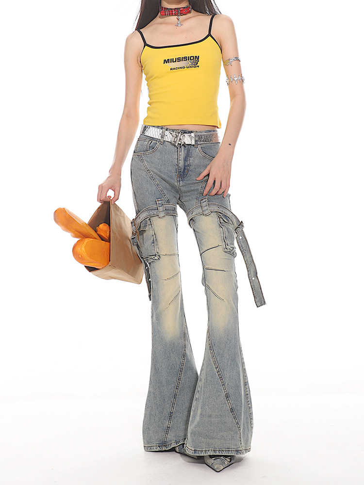 Y2K Distressed Belt Buckle Flared Jeans - Image 7