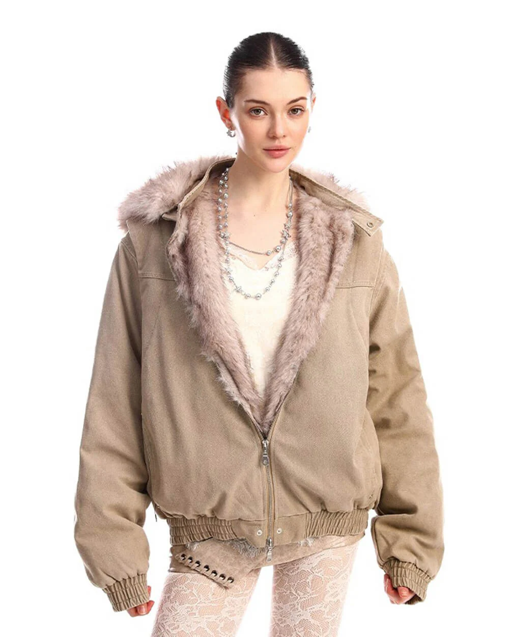 Y2K Faux Fur Bomber Jacket - Image 11