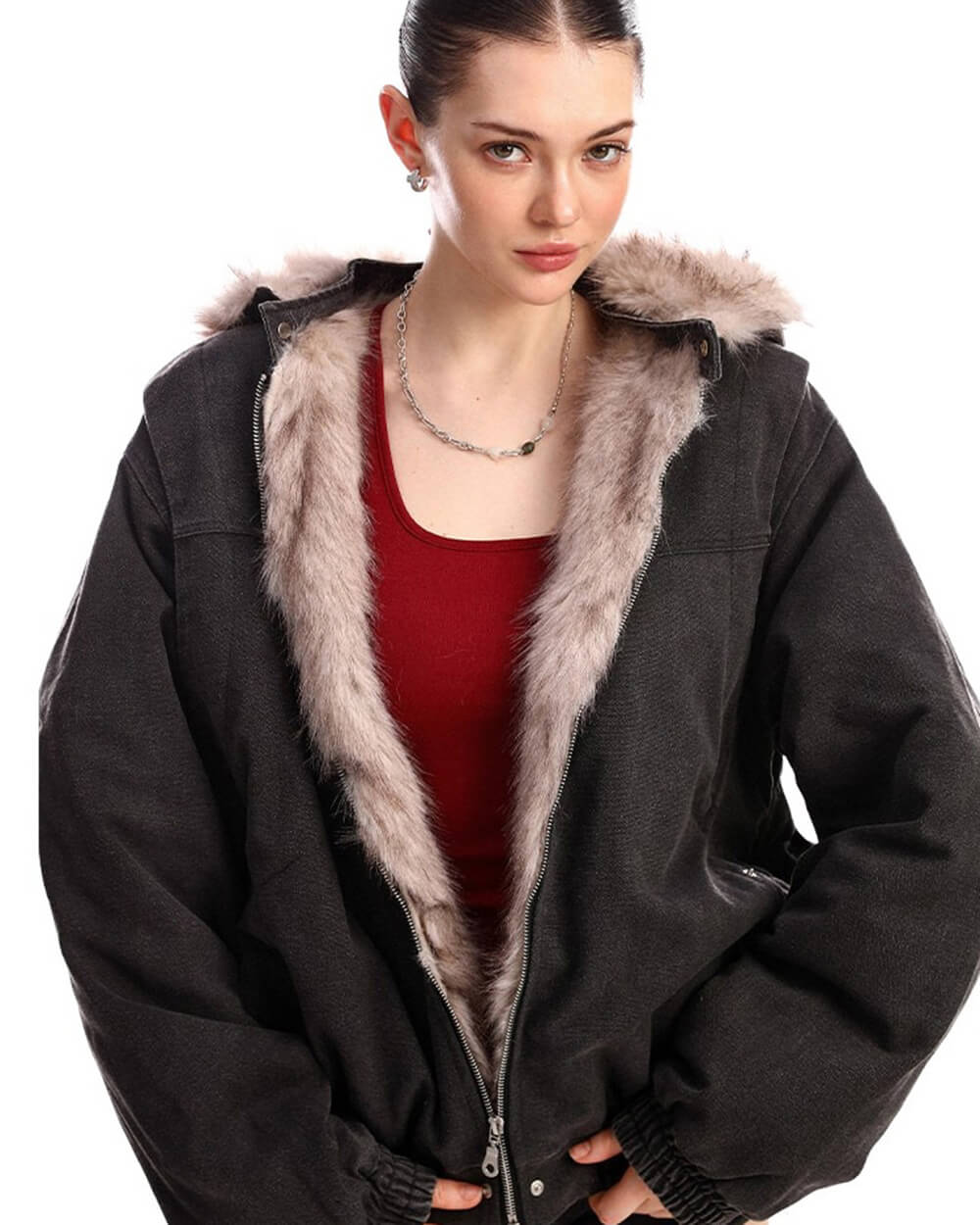 Y2K Faux Fur Bomber Jacket - Image 12