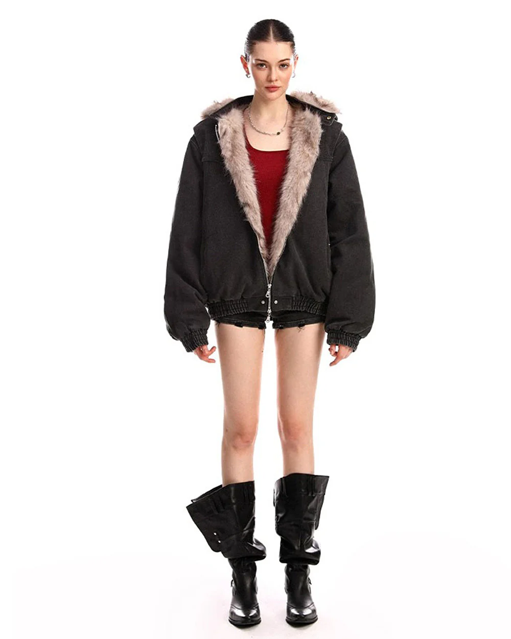 Y2K Faux Fur Bomber Jacket - Image 9