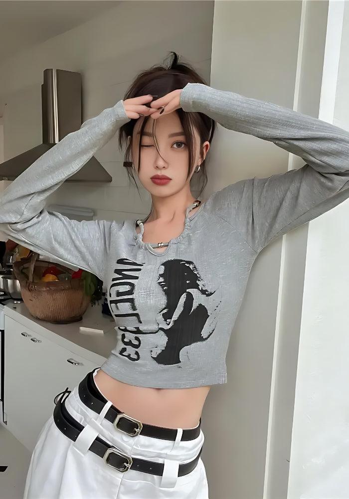 Y2K Grunge Angel Black Long Sleeve Crop Top - Image 6